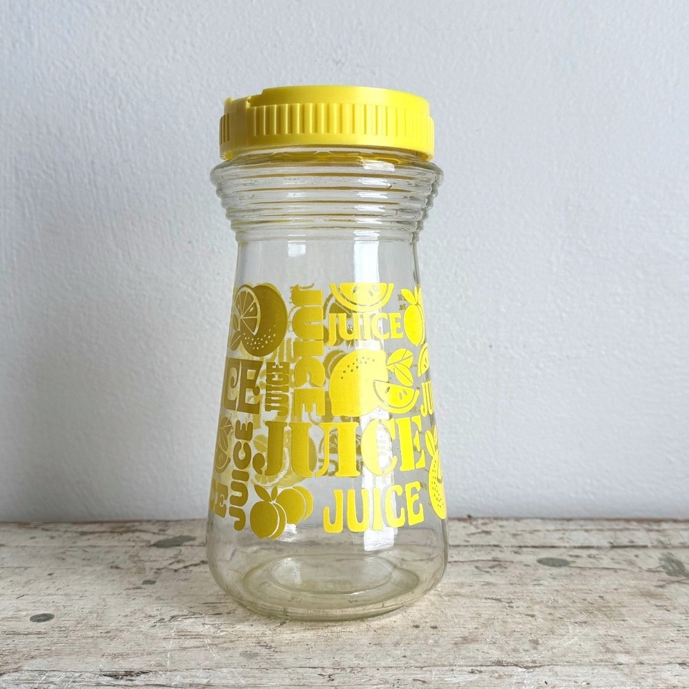 Vintage Glass Juice Carafe Pitcher Yellow Citrus Print Retro Flip Top Lid 8 Inch